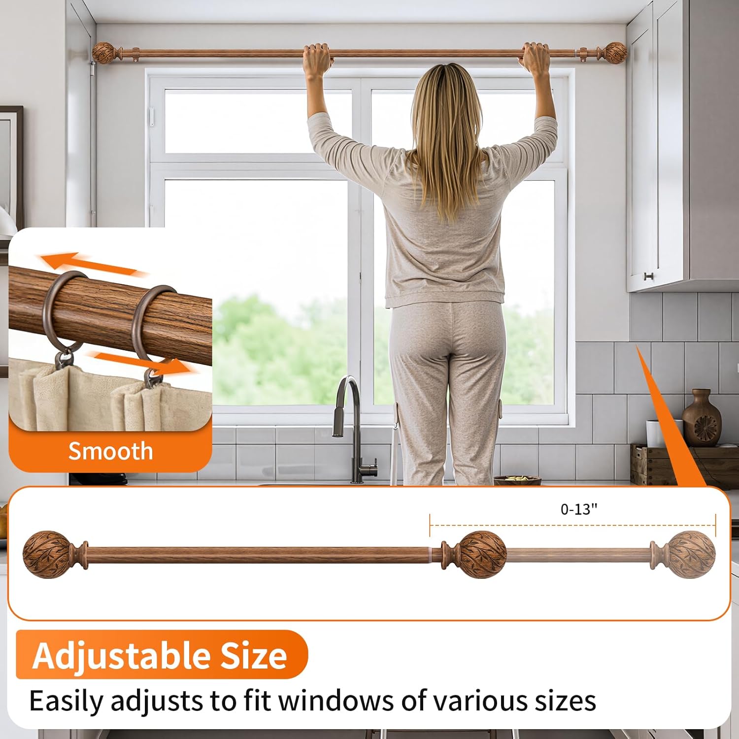 Wood Curtain Rods for Windows 18 to 45 Inch, 1" Adjustable Heavy Duty Boho Drapery Rod Decorative Curtain Rods with Finials Rustic Window Treatment Rods for Kitchen Farmhouse Bedroom Patio