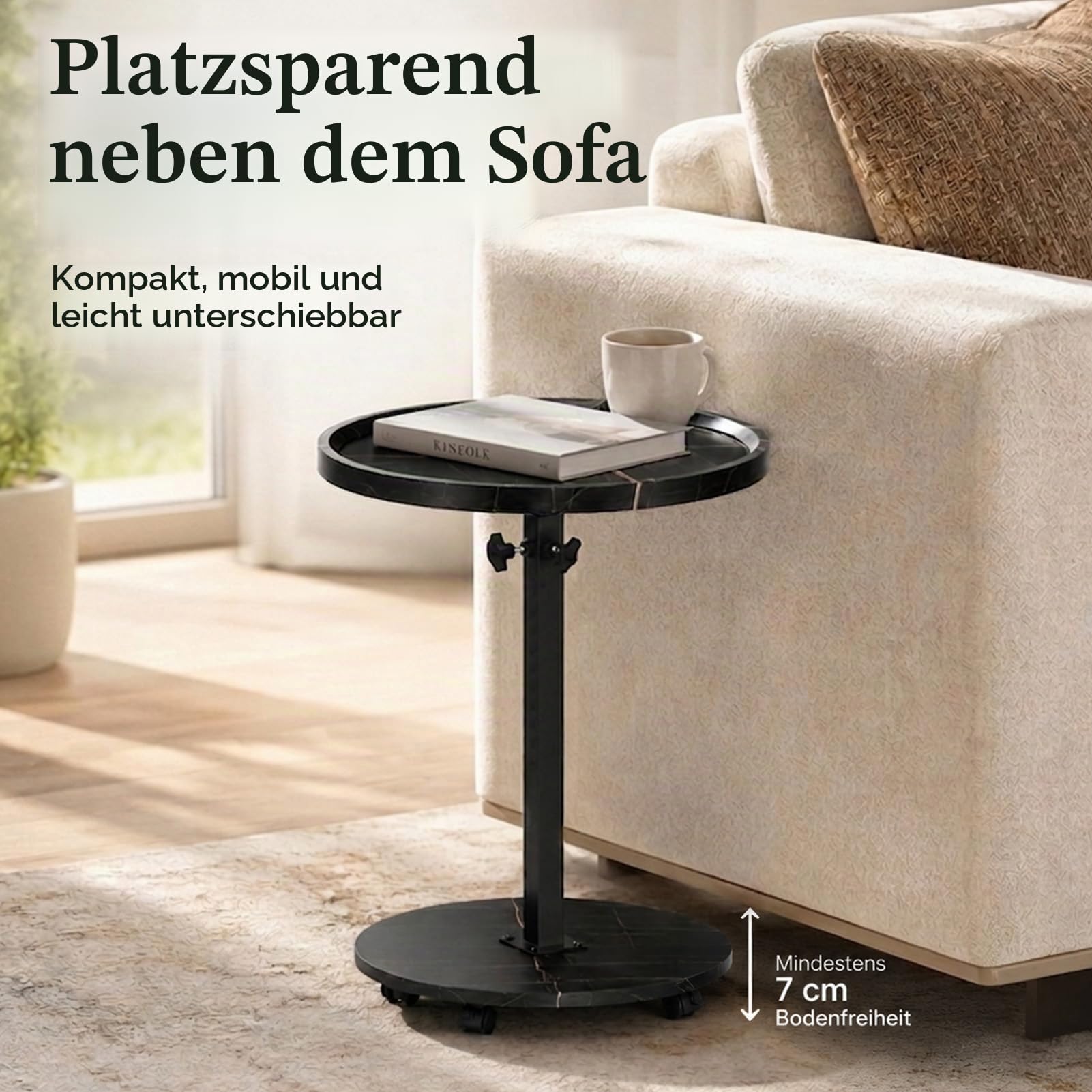 Beistelltisch Rund mit Rollen | Beistelltisch Höhenverstellbar (45-80cm) | Runde Beistelltische Holz Haben 360° Rotierend Nussbaum Finish | Couchtisch Klein für Wohnzimmer Sofa Couch (Schwarz)