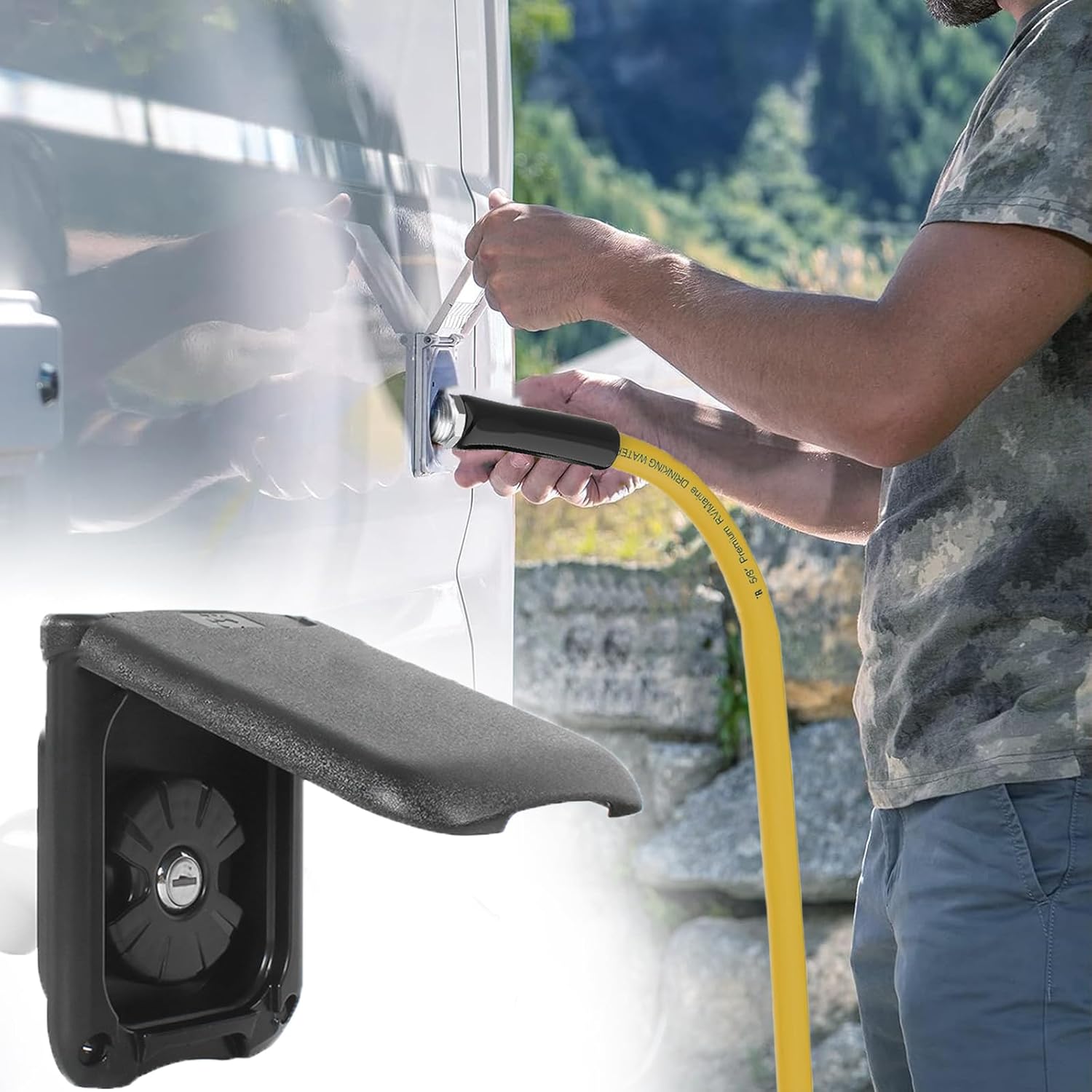 RV Water Fill Inlet with Cover Gravity Water Fill Inlet, Square Magnetic Attraction and Lock Keys Double Protection City Fresh Water Connection for RV Camper Motorhome Boats (Black)