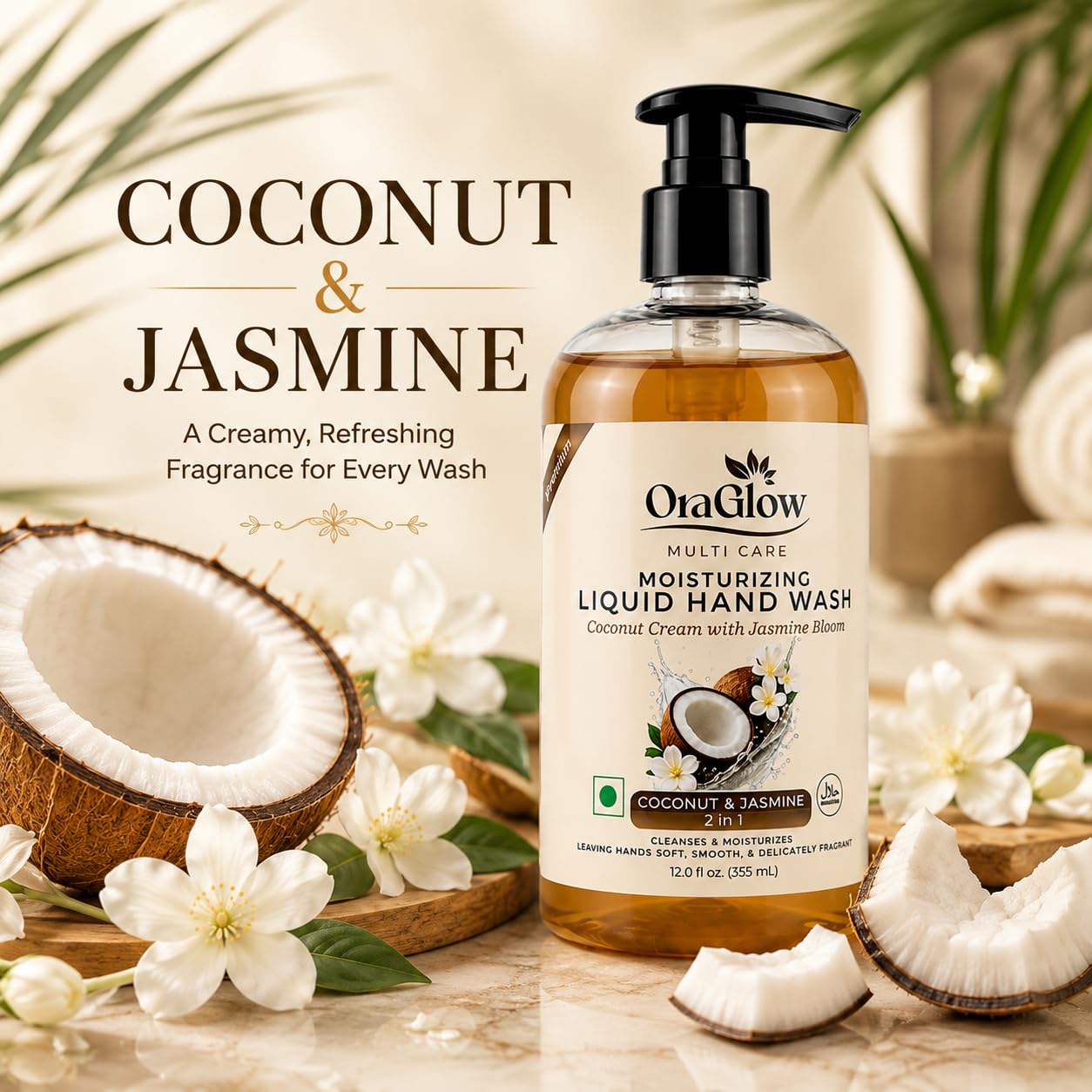 OraGlow™ Multi Care Moisturizing Liquid Hand Wash – Coconut & Jasmine 2 in 1 Hand Soap, Hydrating Tropical Scent, Cleanses & Moisturizes, SLS Free, Paraben Free, Halal, Made in USA, 12 fl oz (355mL) image 4