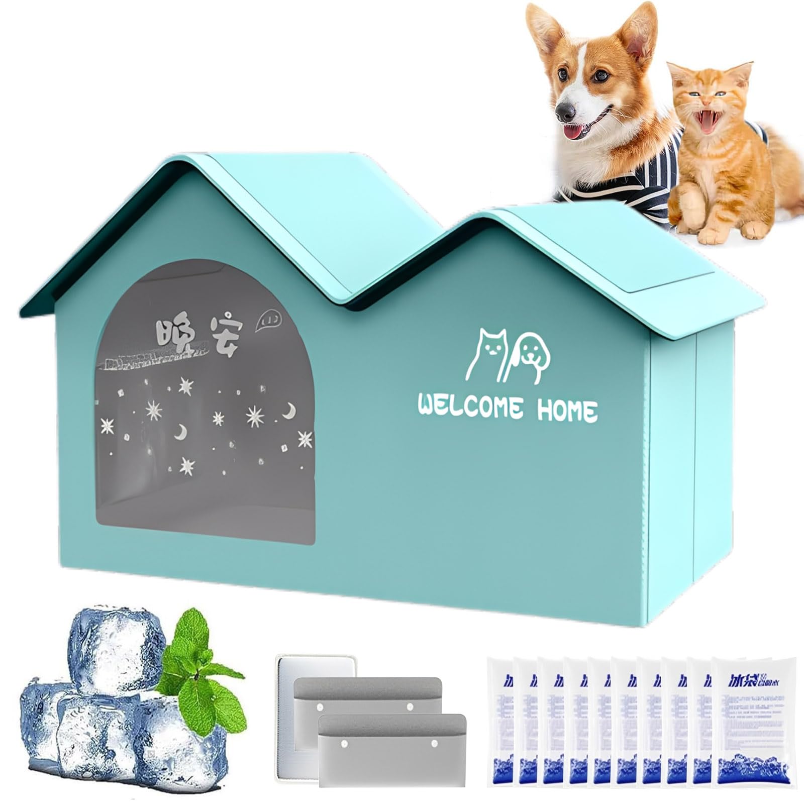 Pet Cooling House, Foldable Dog House with Ac Unit, Weatherproof Pet AC House with Removable Pad & 10 Ice Packs, Easy to Clean & Portable, for Small Medium Large Dogs (Blue, M)