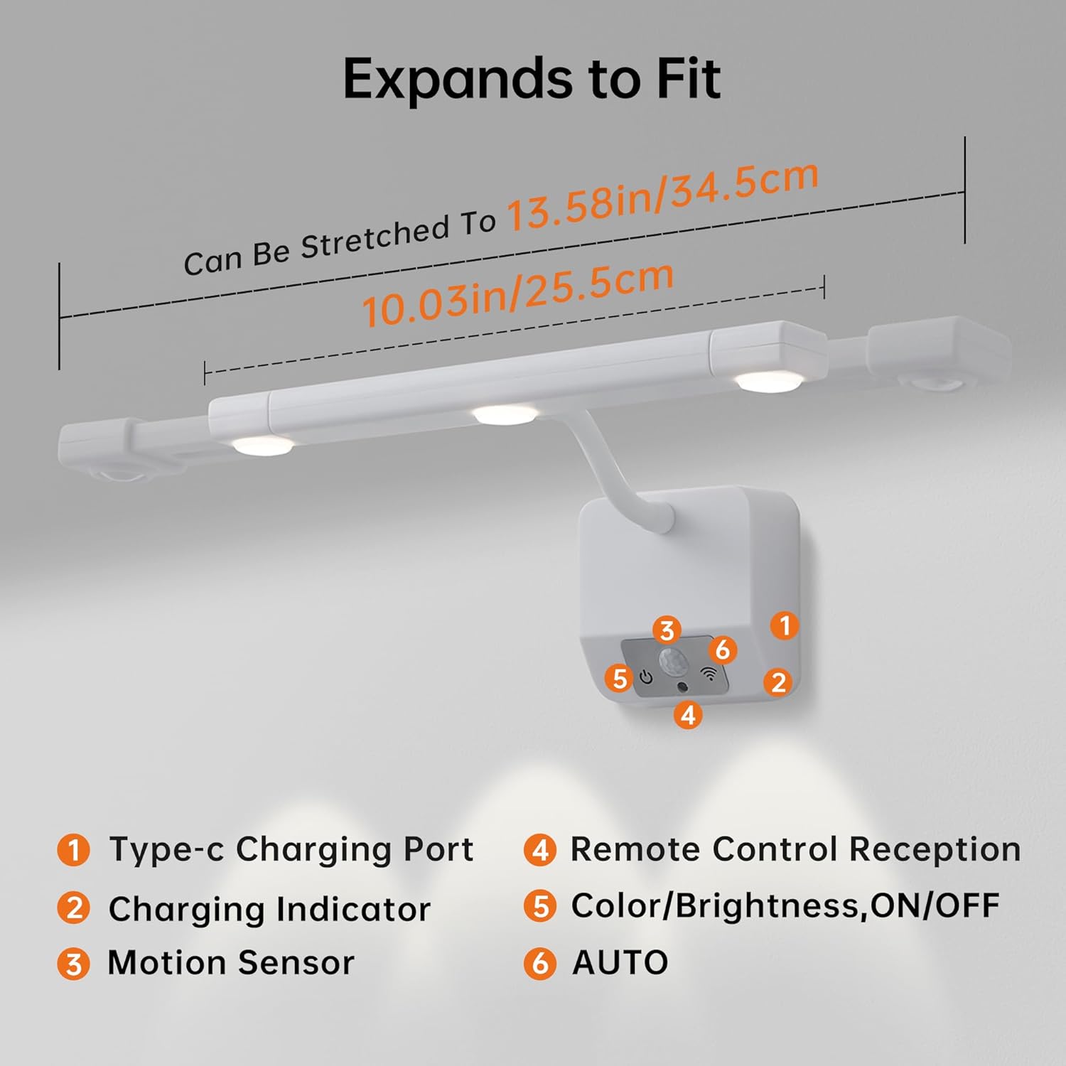 2 Pack Motion Sensor Picture Light with Remote & Extendable Bar, 600 Lumens Dimmable LED Wall Light, 5000mAh Rechargeable Battery Operated for Artwork, Photos, Hallway, Bedroom,White