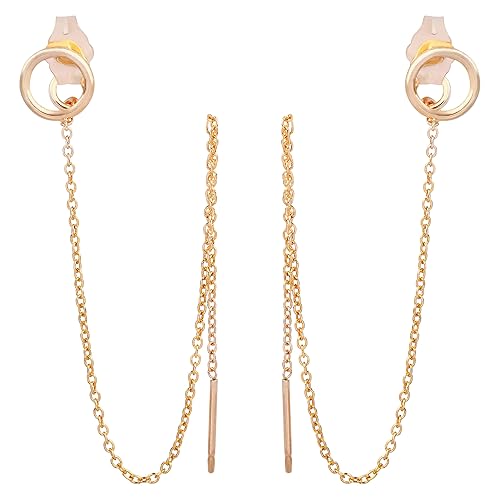 Double Piercing Earrings - Two Hole Earrings for Women - Silver, Gold and Rose Gold - Pull Through Chain Link Earrings (14k Gold Filled)