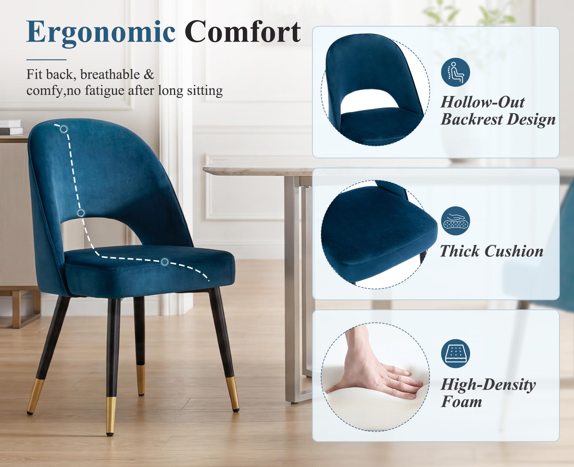 Ya-Home Set di 2 Sedie da Pranzo in Velluto con Gambe in Metallo, Blu | Sedia da pranzo moderna con gambe in metallo, sedia da cucina con cuscino imbottito e schienale design