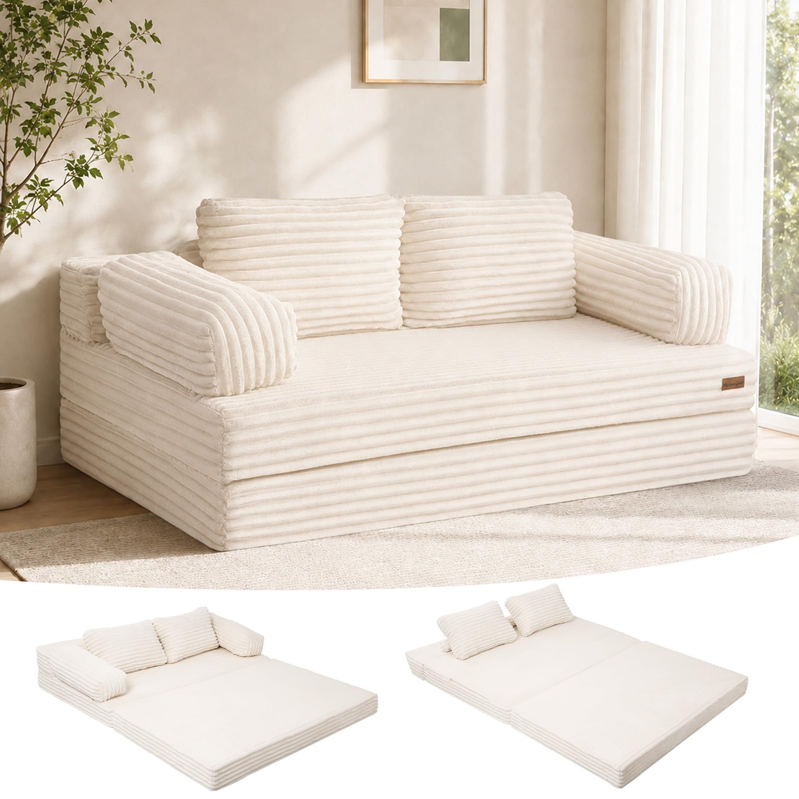 MeMoreCool Schlafsofa Cord, Klappbares Bequemes Bodensofa mit schlaffunktion, Boneless Couch mit Kissen für Schlafzimmer, Wohnzimmer und kleine Räume, 3-in-1 Compressed Sofa Bed, Beige
