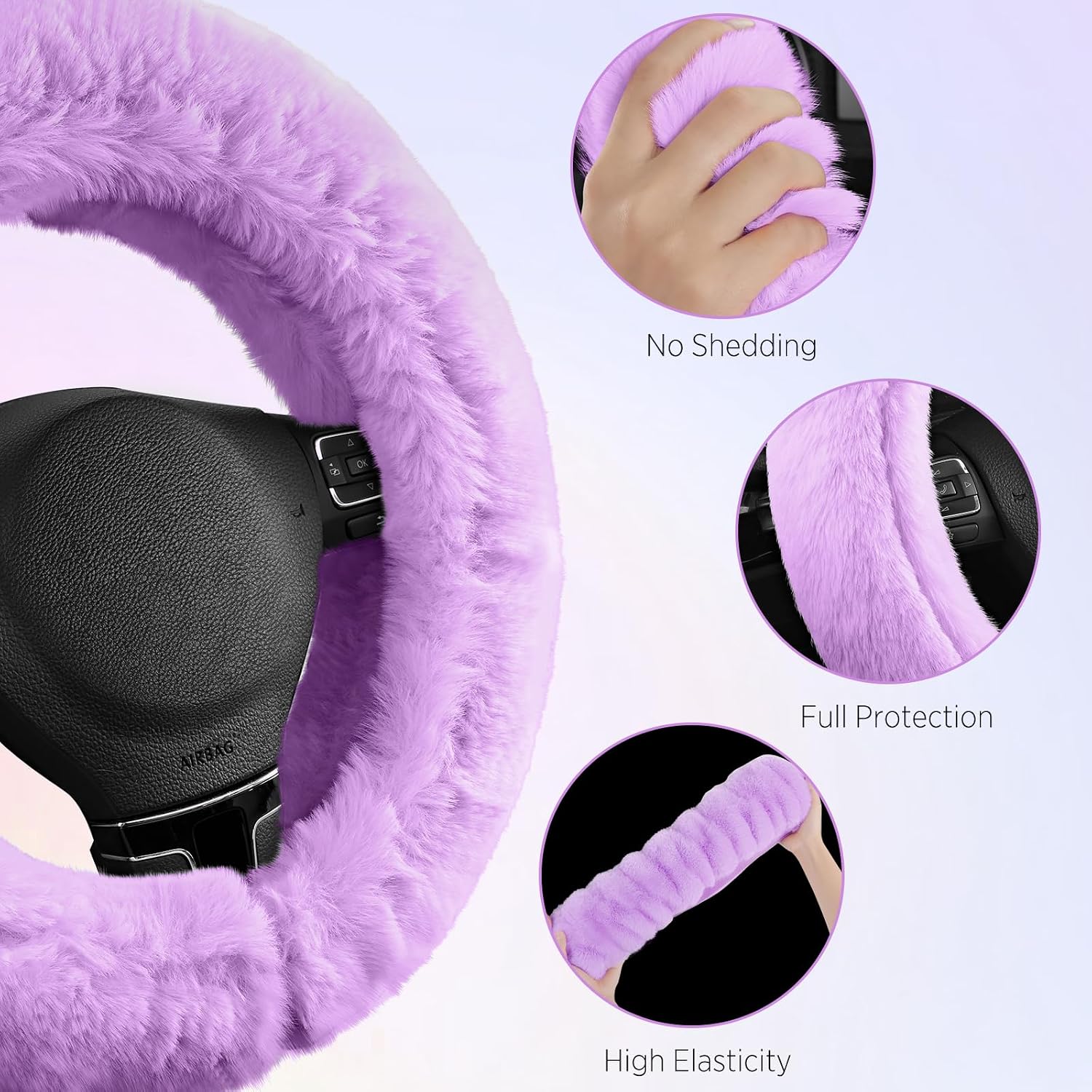Road Comforts Steering Wheel Cover, Fluffy Car Wheel Covers for Women/Girls/Ladies，Soft Wool Fur Steering Wheel Protector, Universal 14 1/2 inches to 15 inches - Purple