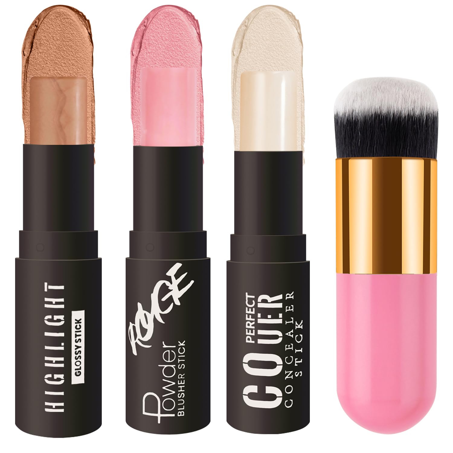 Highlighter Stick, Blush Stick and Bronzer Contour Stick, 3 Pcs Cream Contour Stick Makeup Kit,Long Lasting & Smooth Natural Face Contouring for All Skin,With a Pink Contour Brush.