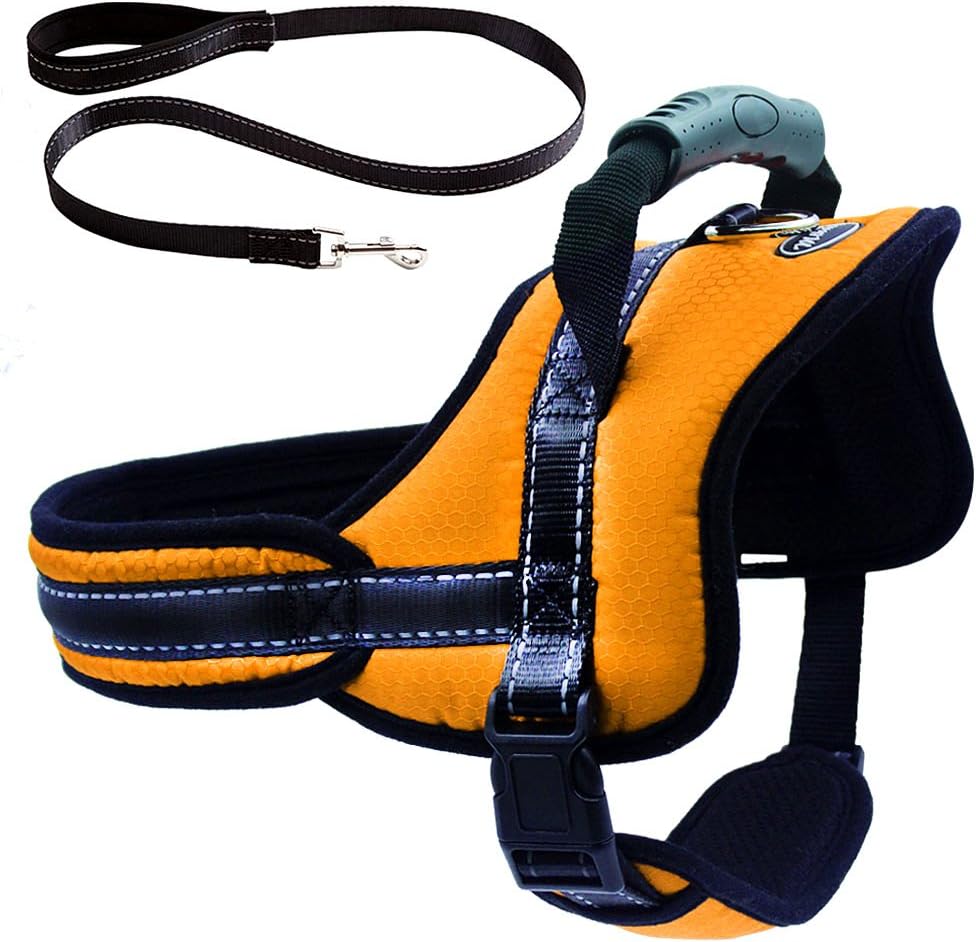 Dog Harness with Leash with Handle No Pull No Chock Adjustable Padded Vest Harness for Dogs, Yellow, XL