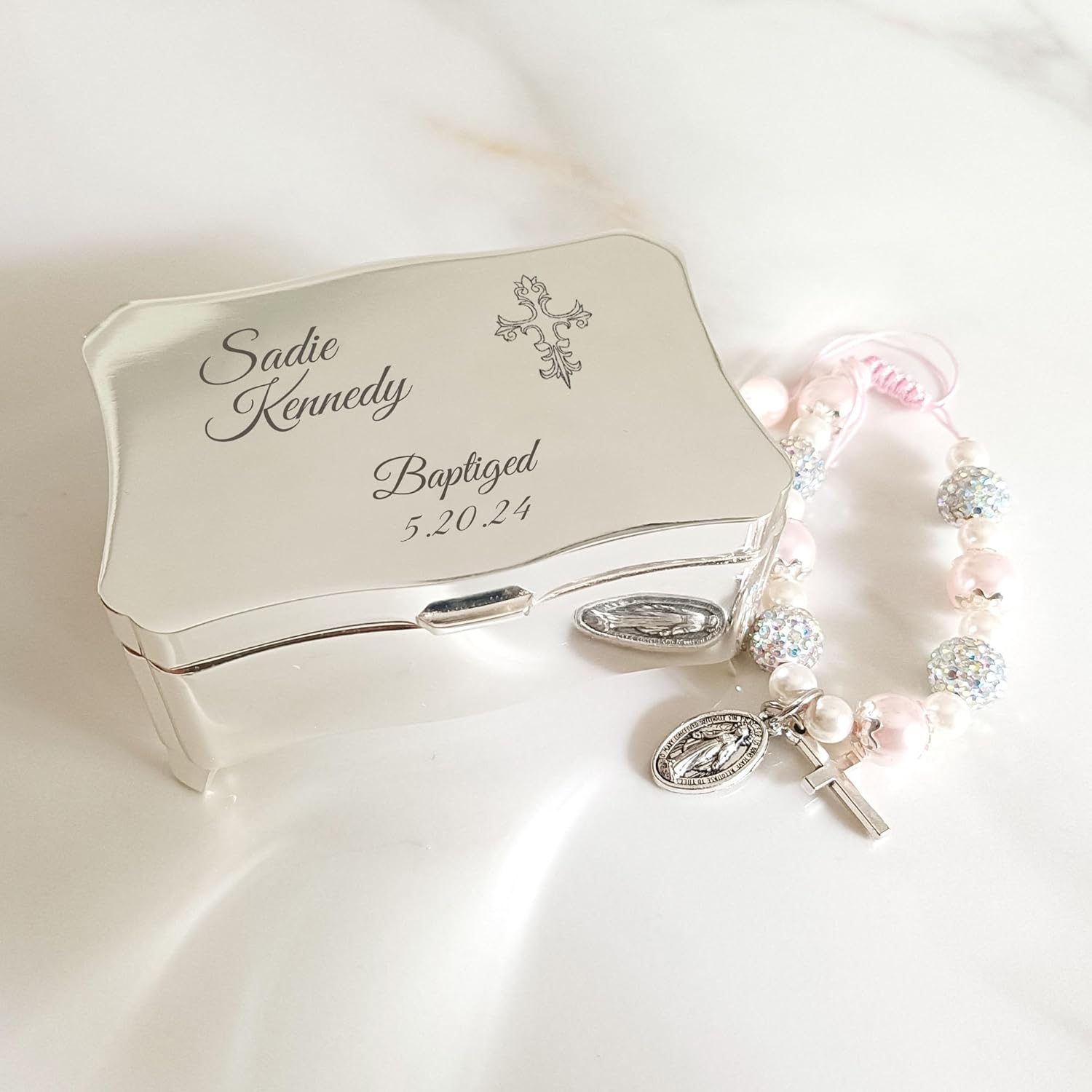 Personalized Small Rectangle-Shaped Jewelry Keepsake Box with Custom Engraved Name and Cross for Baptism Gifts for Girl, Silver Toned