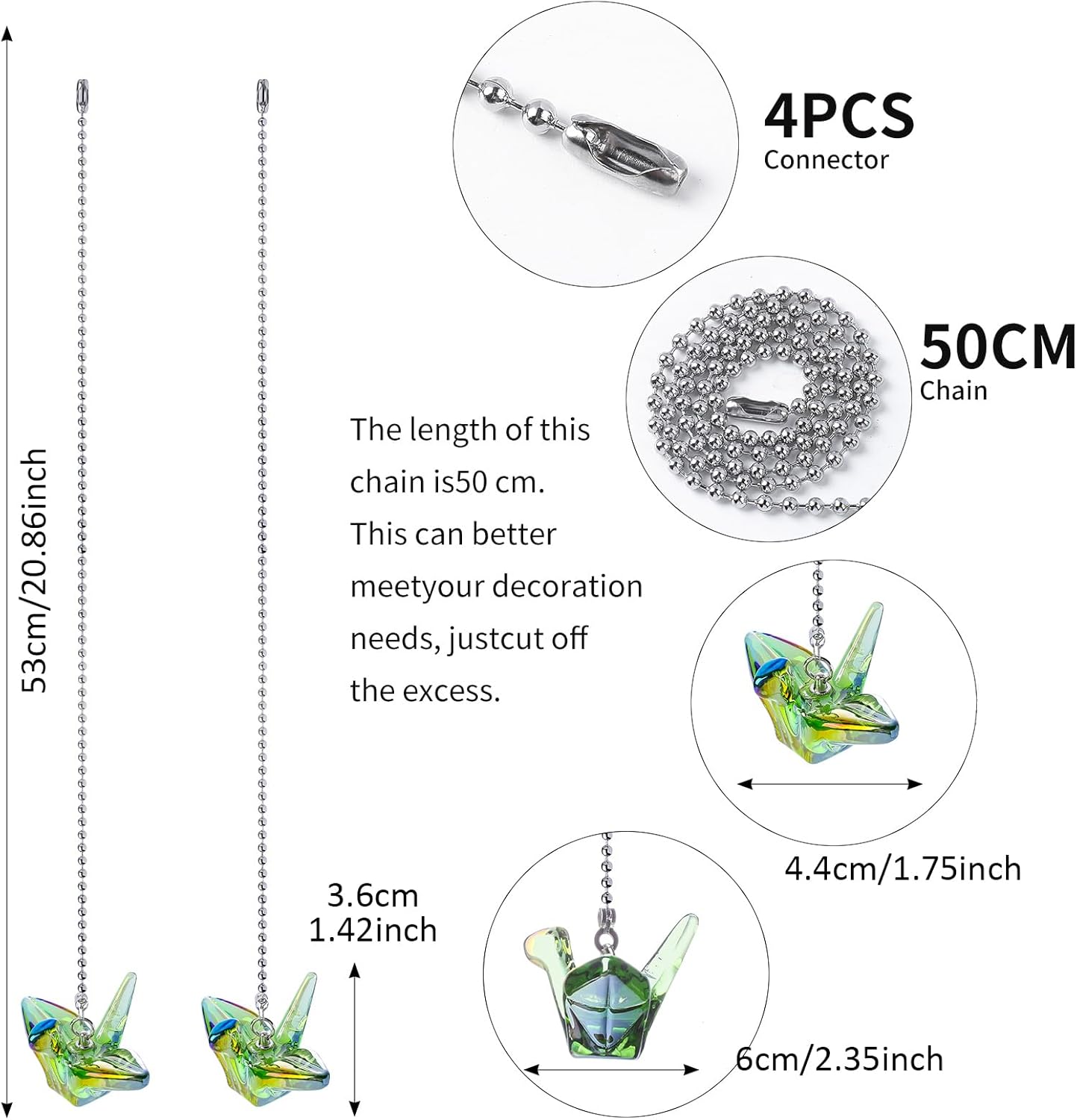 2 Pack Silver Ceiling Fan Pull Chain Extension, Green Glass Paper Cranes Pendant Pull Chains for Ceiling Fans and Lights, Decorative Fan Pulls Extenders with Connector