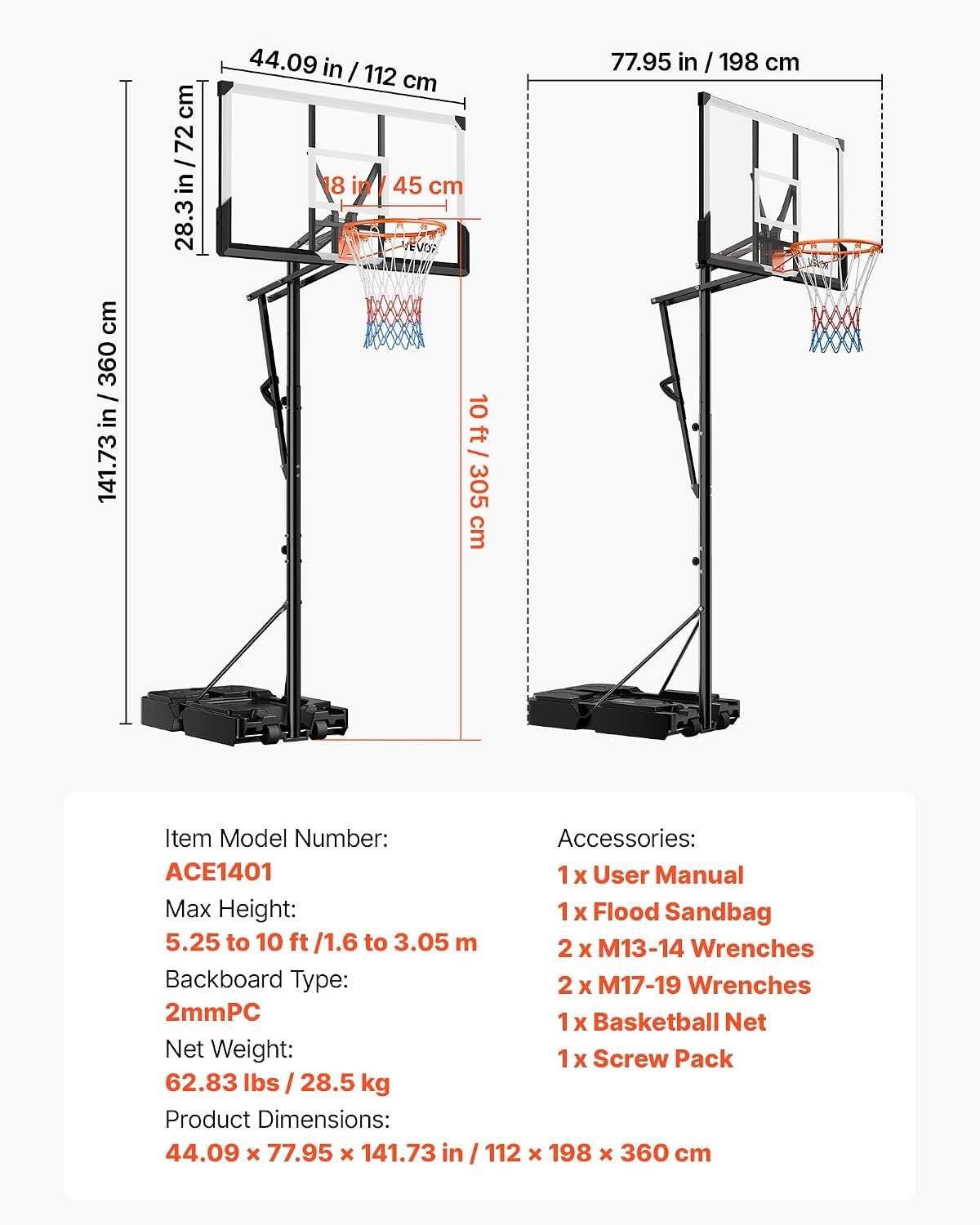 VEVOR Basketball Hoop, 28 32 44 48 54 Inchs PC Backboard, Height Adjustable, Basketball Portable Hoop & Goal, Regulation Basketball Hoop Outdoor, Teens, Adults, Basketball Court, Schools, Parks