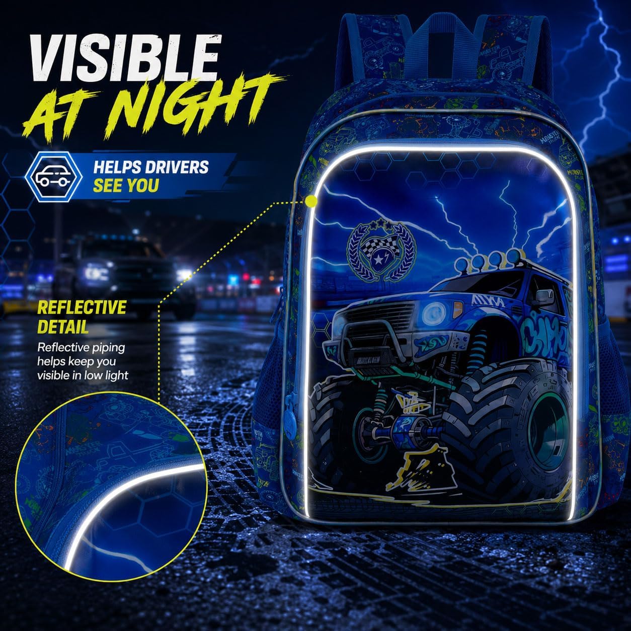 WZLVO 3PCS Truck Backpack for Boys, 16" Cool UV Printing Kids Bookbag/School Bag with Lunch Box & Pencil Bag for Preschool to Elementary - Lightning Truck image 2