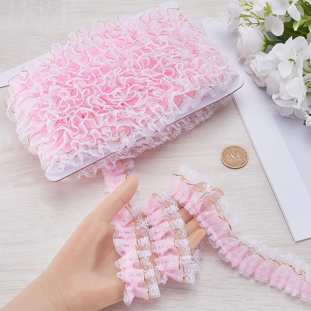 GORGECRAFT 10m Double-Layer Pleated Chiffon Lace Trim 35mm Wide 2-Layer Pink Ruffled Tulle Trim with Gold Thread Edge Gathered Edging Trimmings Fabric Ribbon for DIY Sewing Crafts Dress Embellishments