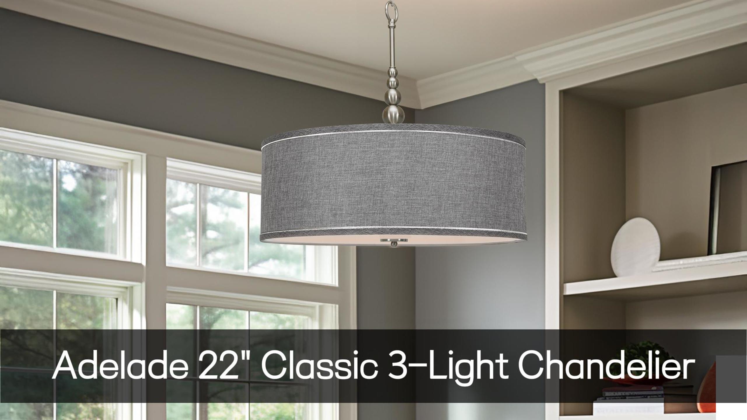 Image of Kira Home Adelade 22 inch Modern 3-Light Drum Pendant Chandelier, Sand Fabric Shade, Tempered Glass Diffuser, Adjustable Height, Oil-Rubbed Bronze Finish