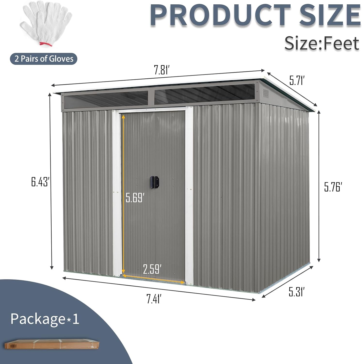 8FT x 6FT Outdoor Metal Storage with Lockable Sliding Doors and Transparent Plate,Waterproof Cabinet w/Ventilation & Foundation,Garden Organizer Tool House for Backyard Patio,Gray