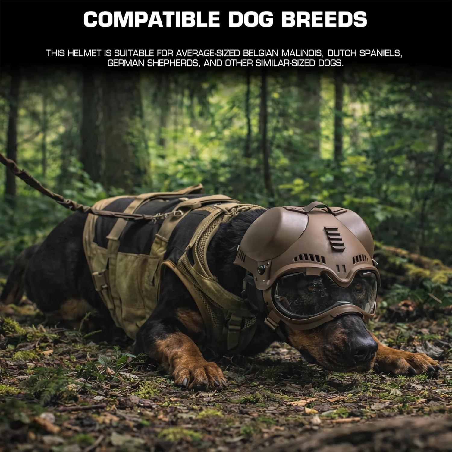 Tactical K9 Helmet with Goggles & Ear Covers - Adjustable Fit for Medium Breeds Like German Shepherd, Belgian Malinois, Dutch Shepherd - Interchangeable Lenses, Top Accessory Rail(Black)