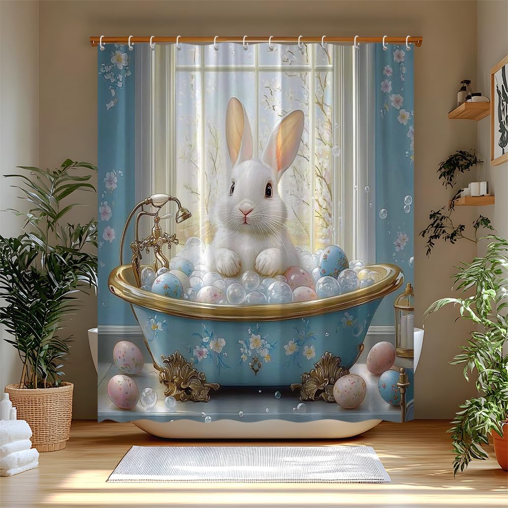 Funny Bunny Take Bath Shower Curtain Cute Rabbit Egg Happy Easter Animal Polyester Bathroom Curtains Set with Hooks 80"x70"