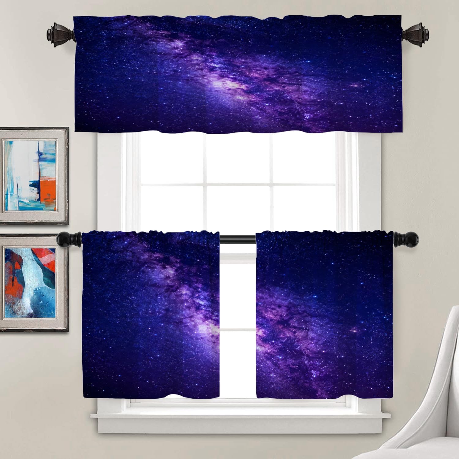 Batmerry Dark Purple Magical Universe Tier Curtains,Galaxy Window Treatment Short Kitchen Curtain Multilayer Polyester Blackout for Living Room/Bathroom, 2 Pack 26x24 inches