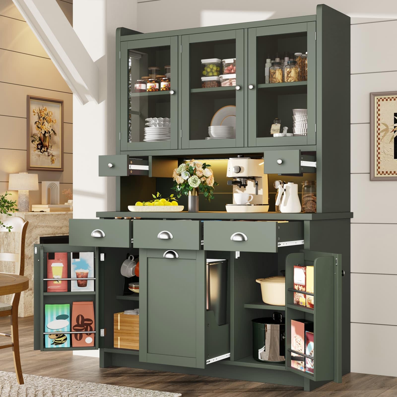KOMHTOM Armoire de Cuisine, Armoire de Salle à Manger, Buffet, Dispositif Anti-basculement, avec éclairage LED, Porte Coulissante en Verre et 2 Tiroirs de Rangement (Vert-12)
