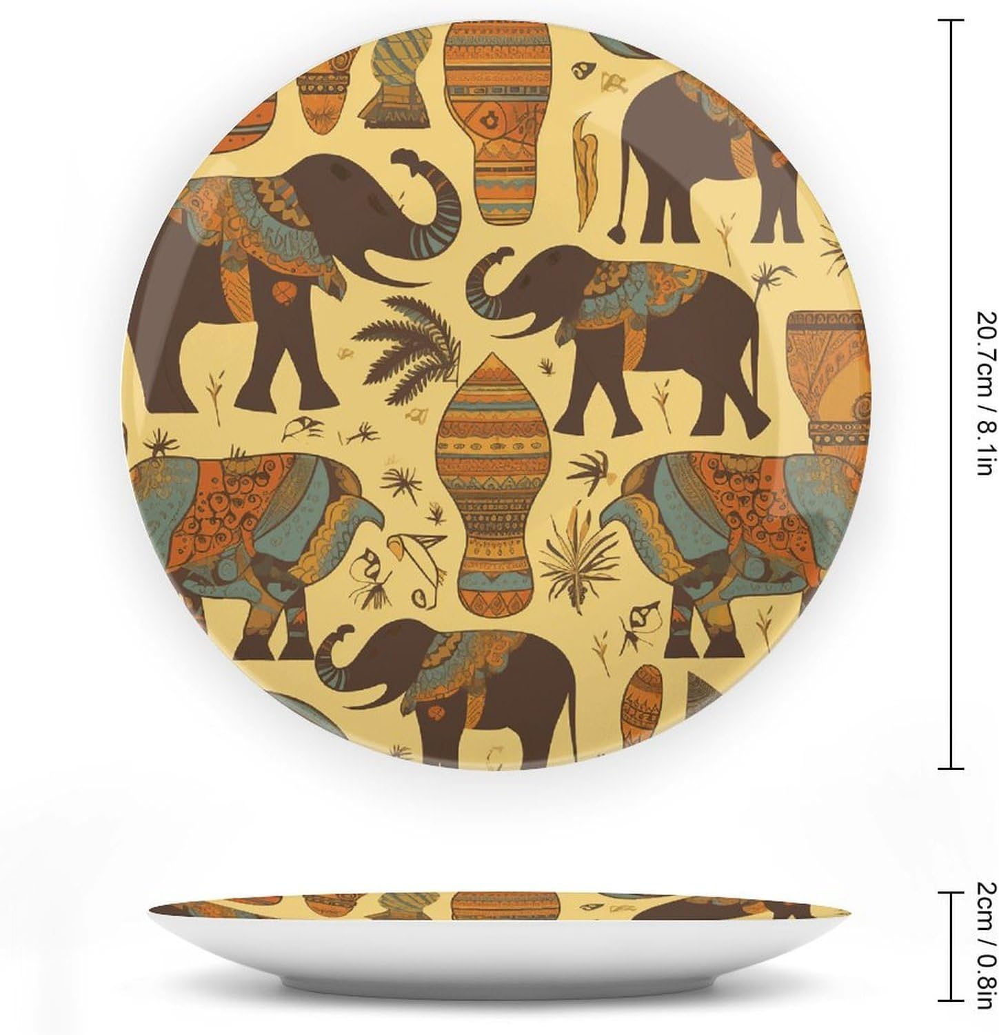 Africa Elephant Bone China Decorative Plate with Display Stand, Ceramic Ornaments Plate for Wall Hanging, Personalized Porcelain Plates for Office, Living Room 8inch