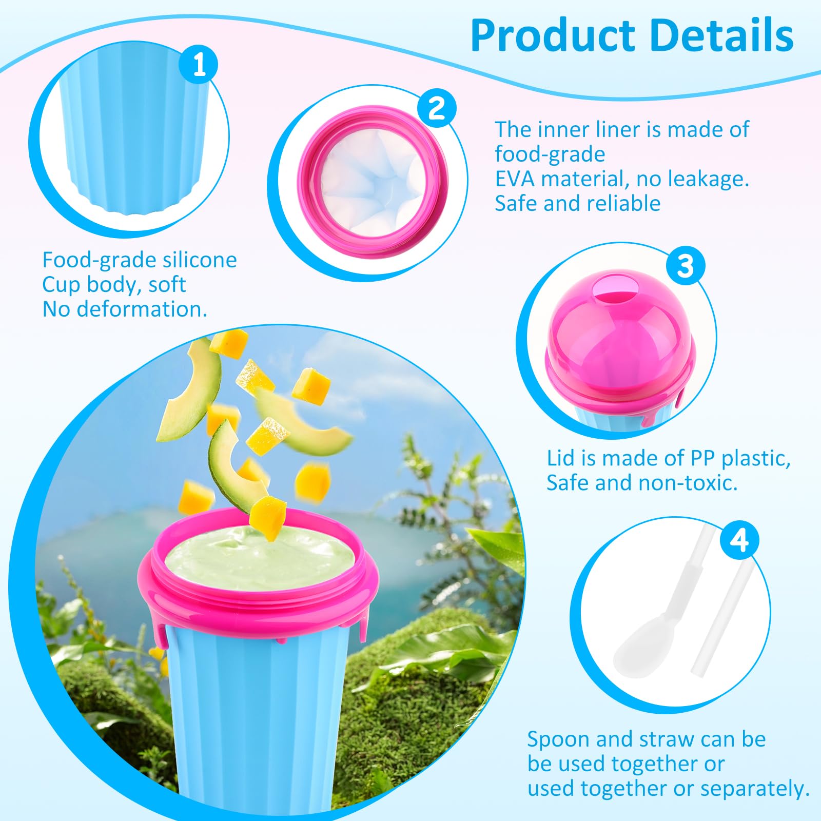 RISVOWO Slushy Maker Cup, DIY Squeeze Ice Cup 500 ml, 2 en 1 Pajita y Cuchara, Taza Mágica de Congelación Copa de Hielo para Preparar Batidos de Frutas Helados y Batidos de Leche(Azul)