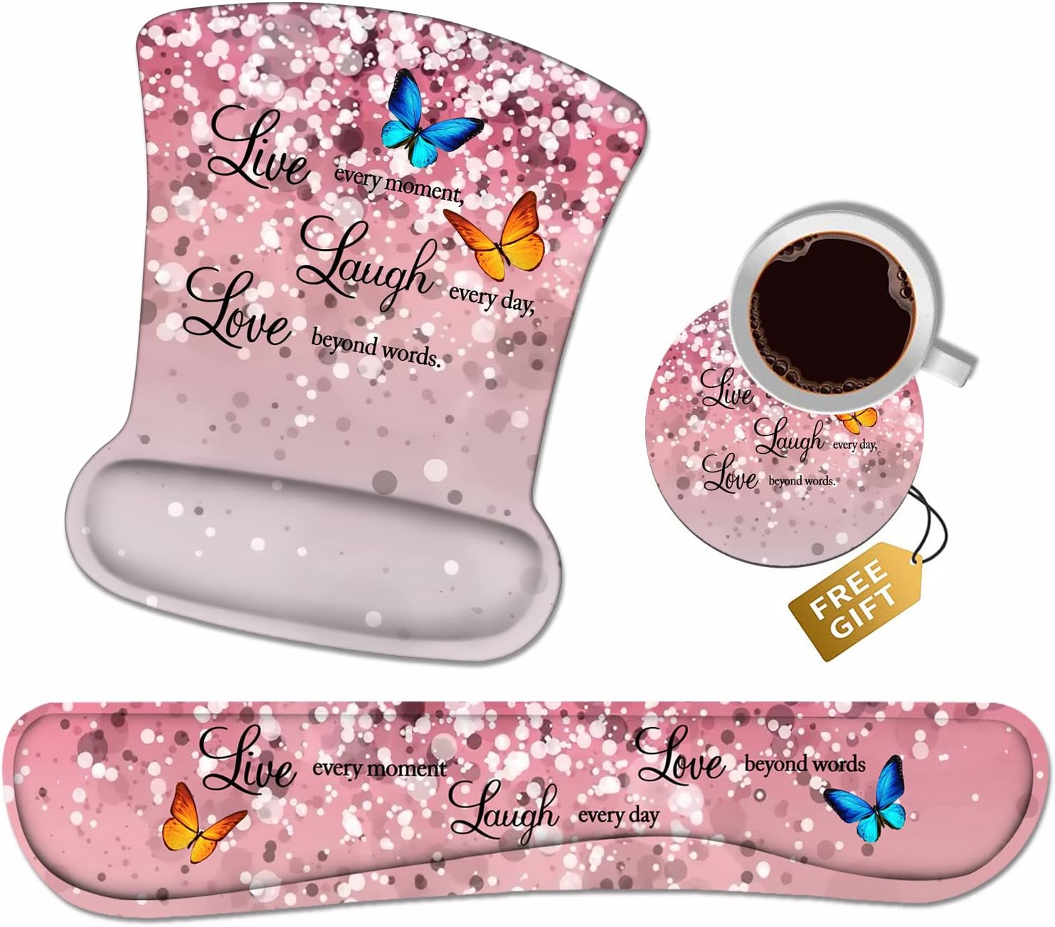Ergonomic Mouse Pad Wrist Support and Keyboard Wrist Rest Set with Coasters, Non-Slip PU Base, Easy Typing & Pain Relief, Perfect for Home Office Working Studying, Glitter Quote Live Laugh Love