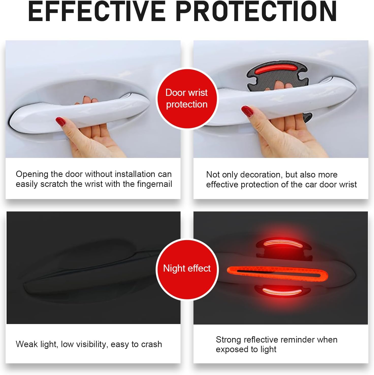 8 PCS Car Door Bowl and Handle Protector, Carbon Fiber Warning Reflective Protective Film, Waterproof Anti-scratch Paint Guard, Self-adhesive High Elasticity Exterior (Fluorescence Red)