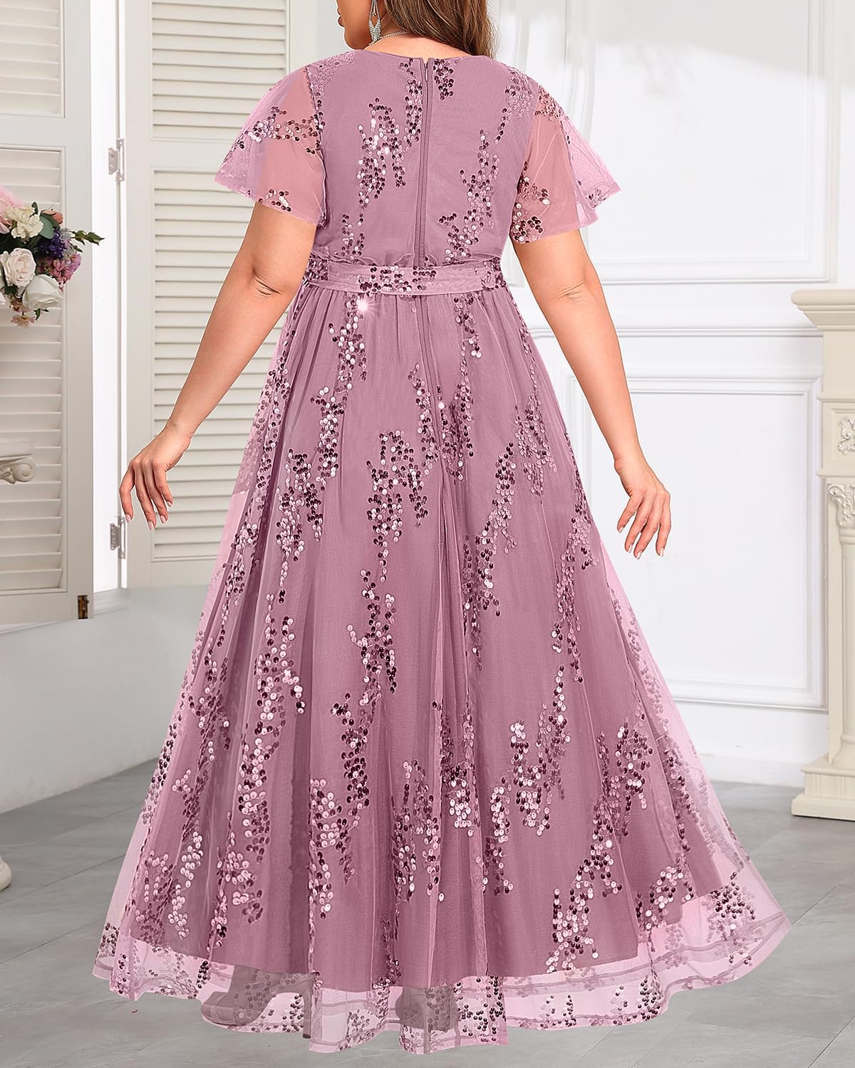 Pinup Fashion Plus Size Formal Dresses - Wedding Guest Evening Gowns Sequin Embroidery V-Neck Maxi Dress
