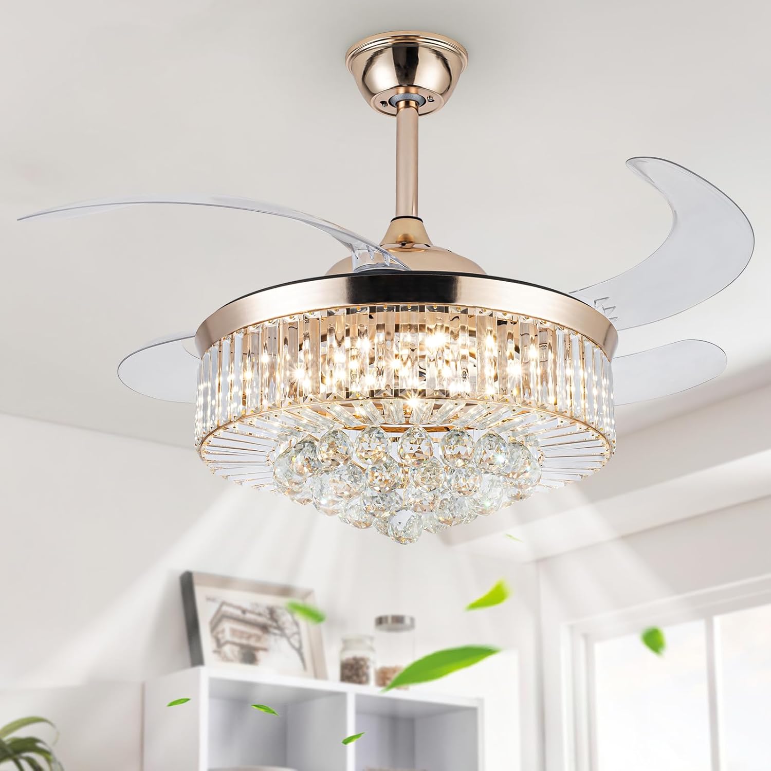42" Crystal Ceiling Fan with Light, Gold Chandelier Fan with Remote, 6 Speeds 3 Colors Changes 4 Blades Retractable Ceiling Fan for Bedroom, Living Room, Dining Room
