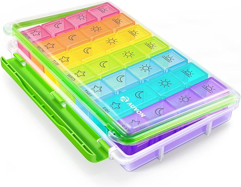 AUVON Pastillero semanal grande a prueba de humedad 4 veces al día, sin BPA | Pastillero de 7 días con diseño portátil para viajes, contenedores individuales extraíbles para vitaminas, suplementos y medicamentos