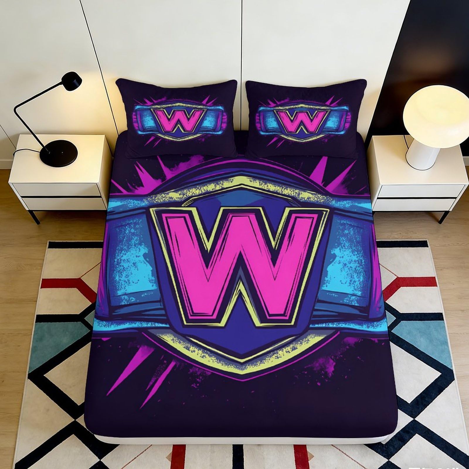Jqzkxnhpbr Style-1 3D Printed Neon Shield Fitted Sheet Microfiber Soft Vibrant Letter W Bed Cover For Bedroom Dorm Decor Protection 90X200x25cm
