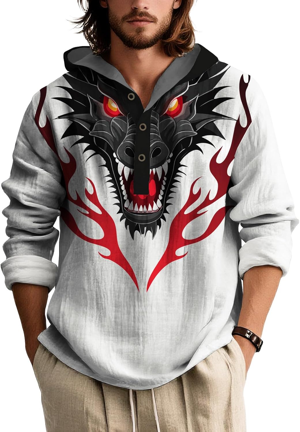 Men's Hooded Long Sleeve Shirt Casual Summer Animal Print Loose Fit Lightweight Button Up Tops for Beach Vacation