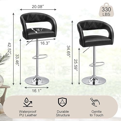 Miniatura 2 de VECELO Juego de 2 taburetes de bar ajustables giratorios modernos de piel sintética, taburetes de barra con respaldo y brazos, para cocina, bar