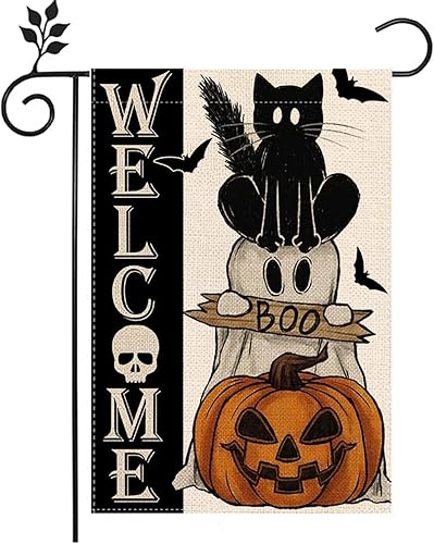 Miniatura 1 de Bandera de jardín de Halloween con fantasma, gato Boo, 12 x 18 pulgadas, vertical de doble cara con calabaza feliz Halloween, decoración exterior,