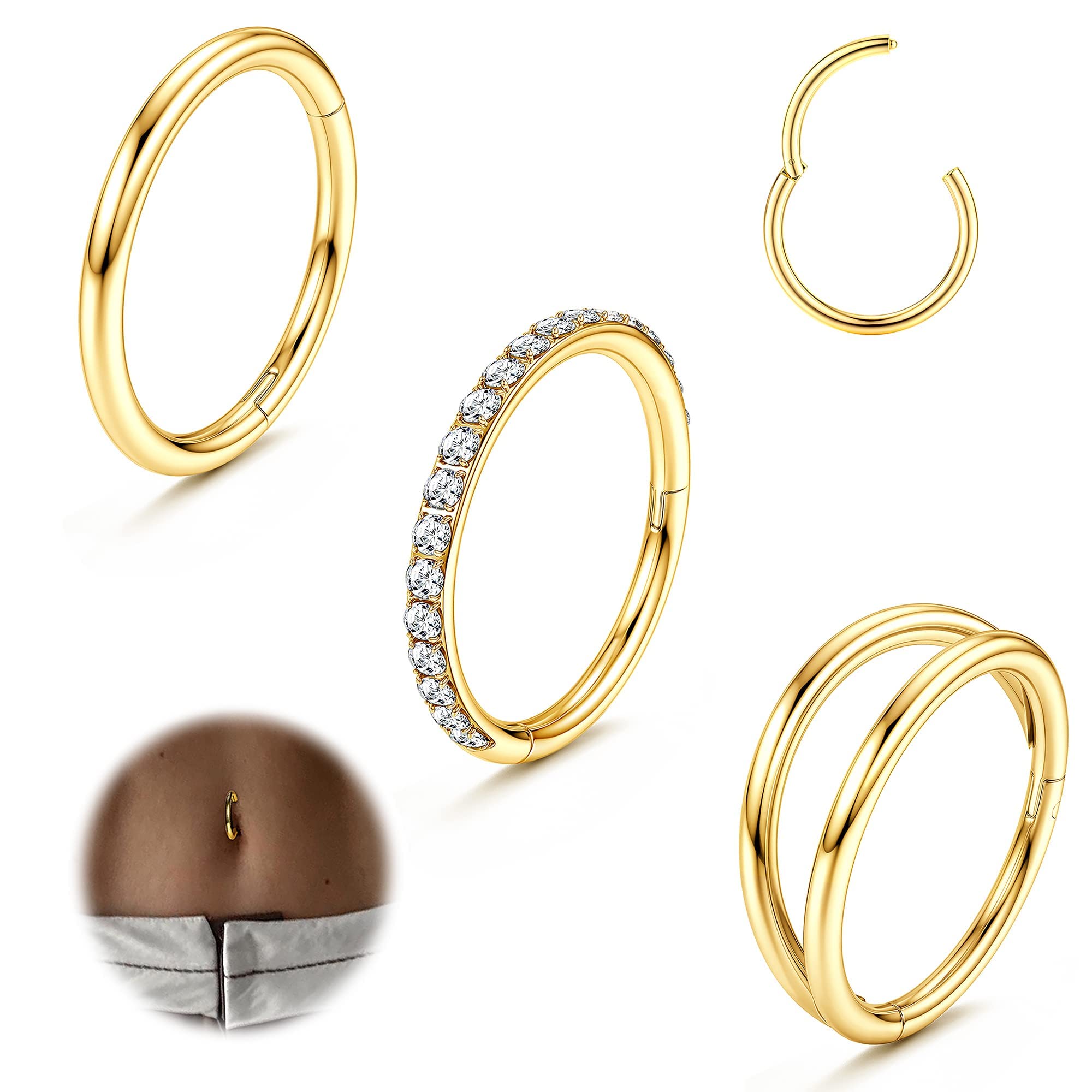 AdramataPiercing Ombligo Titanio para Mujeres, 14G 1.6MM CZ Doble Clicker Ombligo Piercing Oro Plata Ombligo Anillos Hipoalergénico Titanio Piercing Corporal Piercing Joyas 10mm 12mm