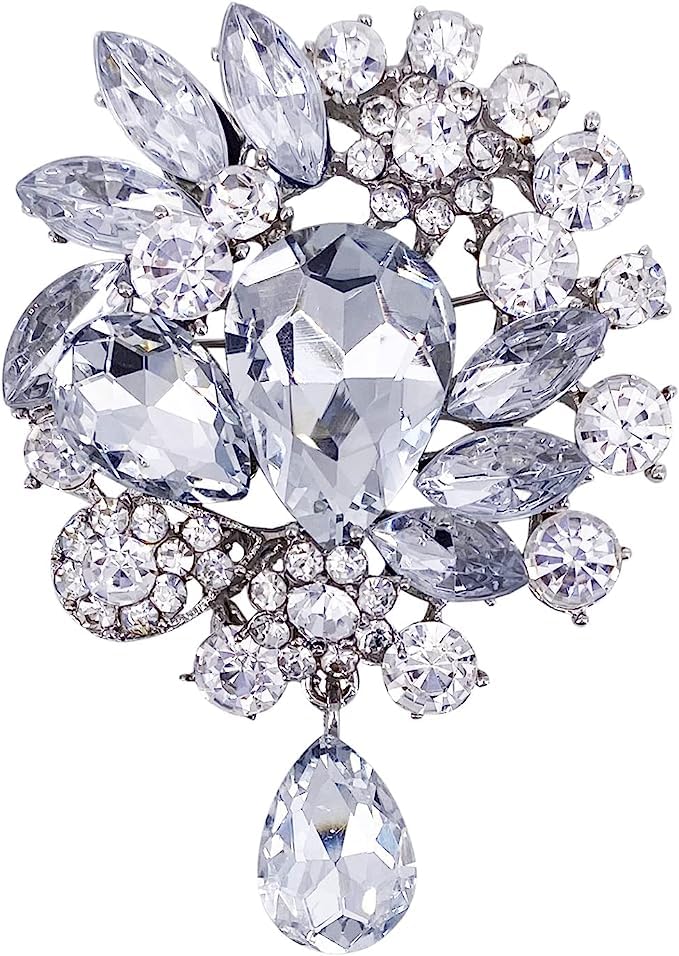 Image of Wedding Bridal Big Crystal Rhinestone Bouquet Brooch Pin for Women (Silver Tear Drop)