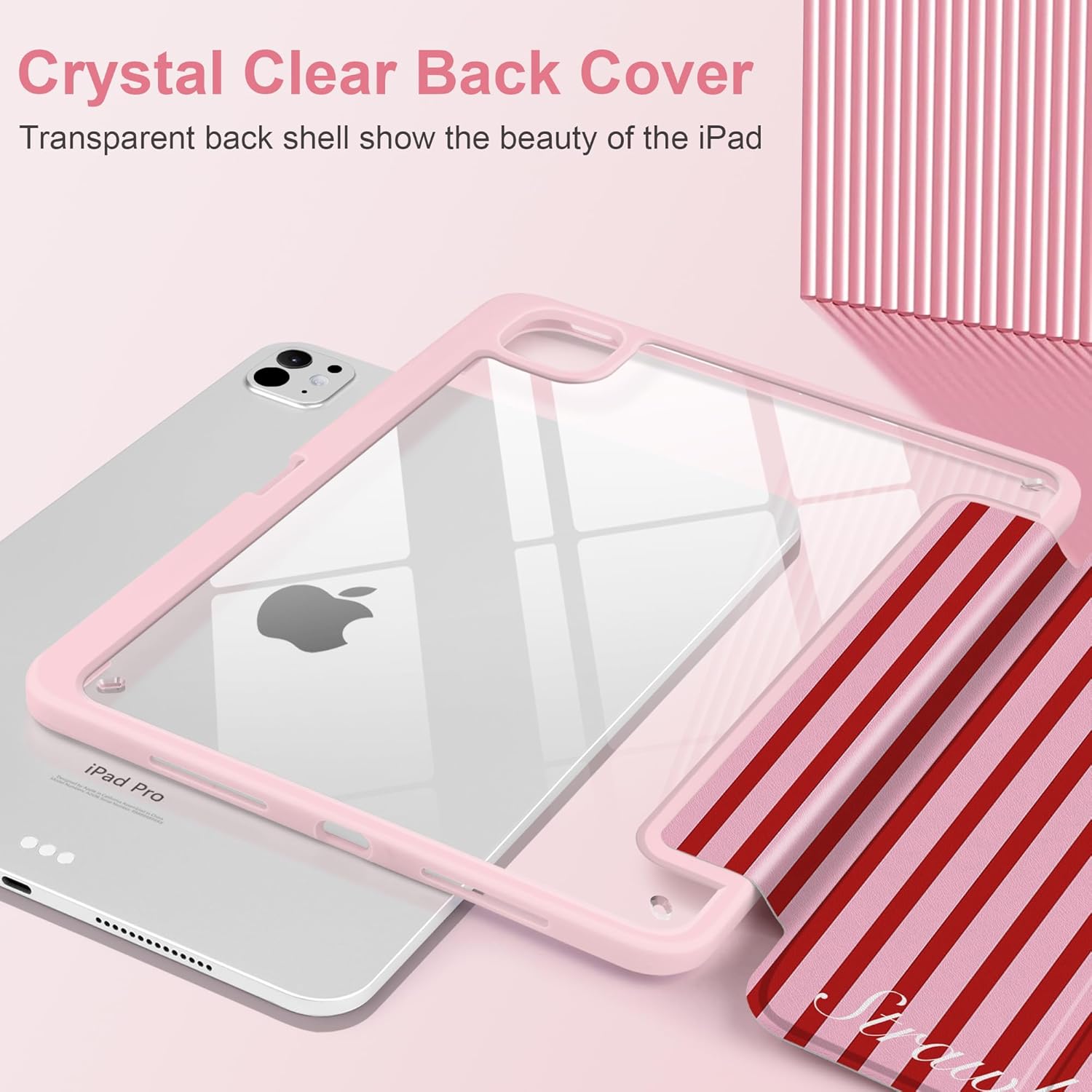 Case for iPad Pro 13 inch (M5) 2025 (M4) 2024 Release Cute Red Pink Striped Trifold Stand Cover with Clear Back Auto Wake Sleep Aesthetic Preppy Design for Girls Women, Stripe