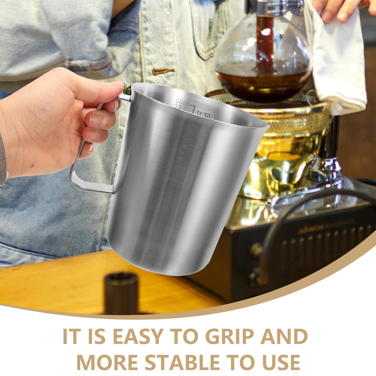 Taza Medidora de Acero Inoxidable Asa 1000 Ml Jarra Espumadora de Leche Escala Medidor para Café y Batidos Adecuado para Uso Doméstico y Cocina Profesional