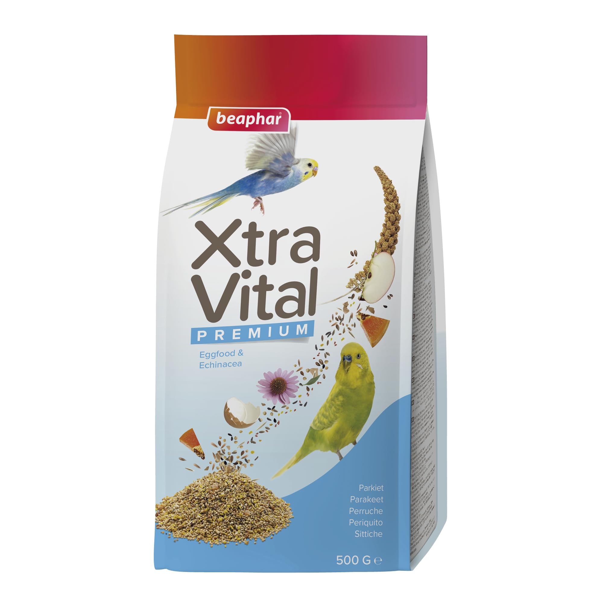 Beaphar - XtraVital Parakeet Bird Food - Complete Food with Apple, Papaya, Echinacea & Egg Food - Rich in Vitamins & Minerals - Health, Vitality, Immunity & Plumage - High Protein, Low Fat – 500g