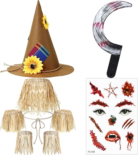 Miniatura 8 de Disfraz de espantapájaros de Halloween, incluye sombrero de espantapájaros, kit de paja de espantapájaros de rafia, tatuajes faciales, accesorio de