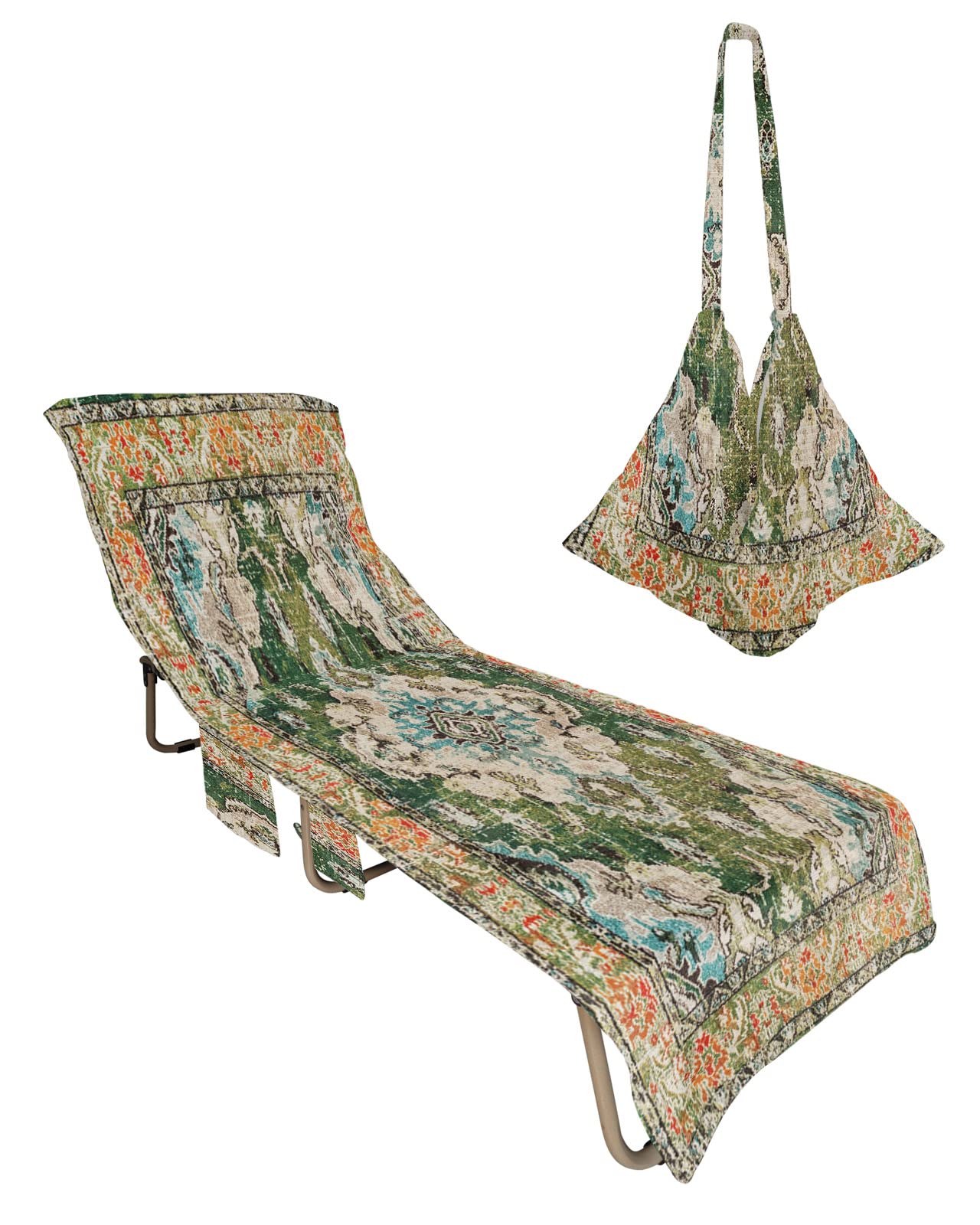 Ombre Green Boho Beach Pool Patio Lounge Chaise Chair Cover Towel With Pockets,Absorbent & Quick Dry Microfiber Towel Cover Bag Summer Travel Accessories for Sunbathing Vintage Ethnic Tribal Geometric