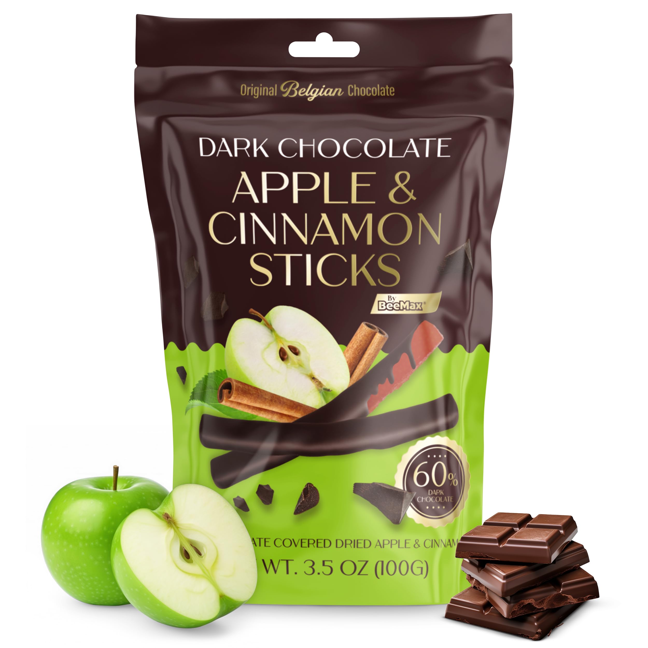 Belgian Chocolate Covered Fruit Sticks - Gourmet Covered Dried Fruit, 3.5 oz Resealable Pouch, Non-GMO, Perfect Treat for Chocolate Lovers (Dark Chocolate, Apple)