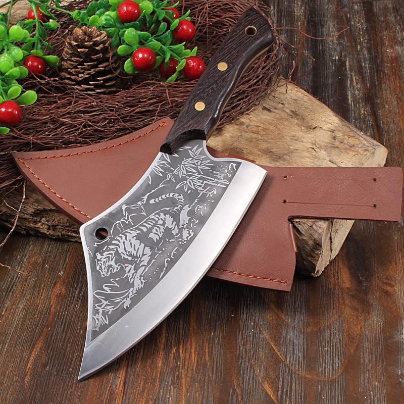 Meat cleaver, 8 Inch Chinese Style Tiger Stripe Small Kitchen Knife Stainless Steel Slaughter Knife Kitchen Boning Knife With Sheath Cleaver Knife