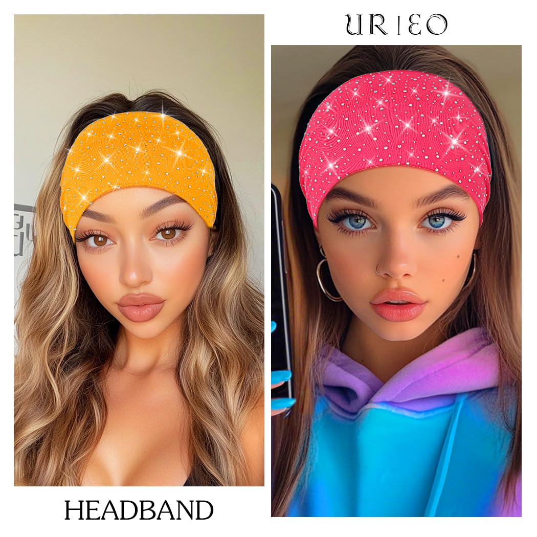 Urieo Rhinestones Headband Wide Glitter Headbands for Women (Pink)