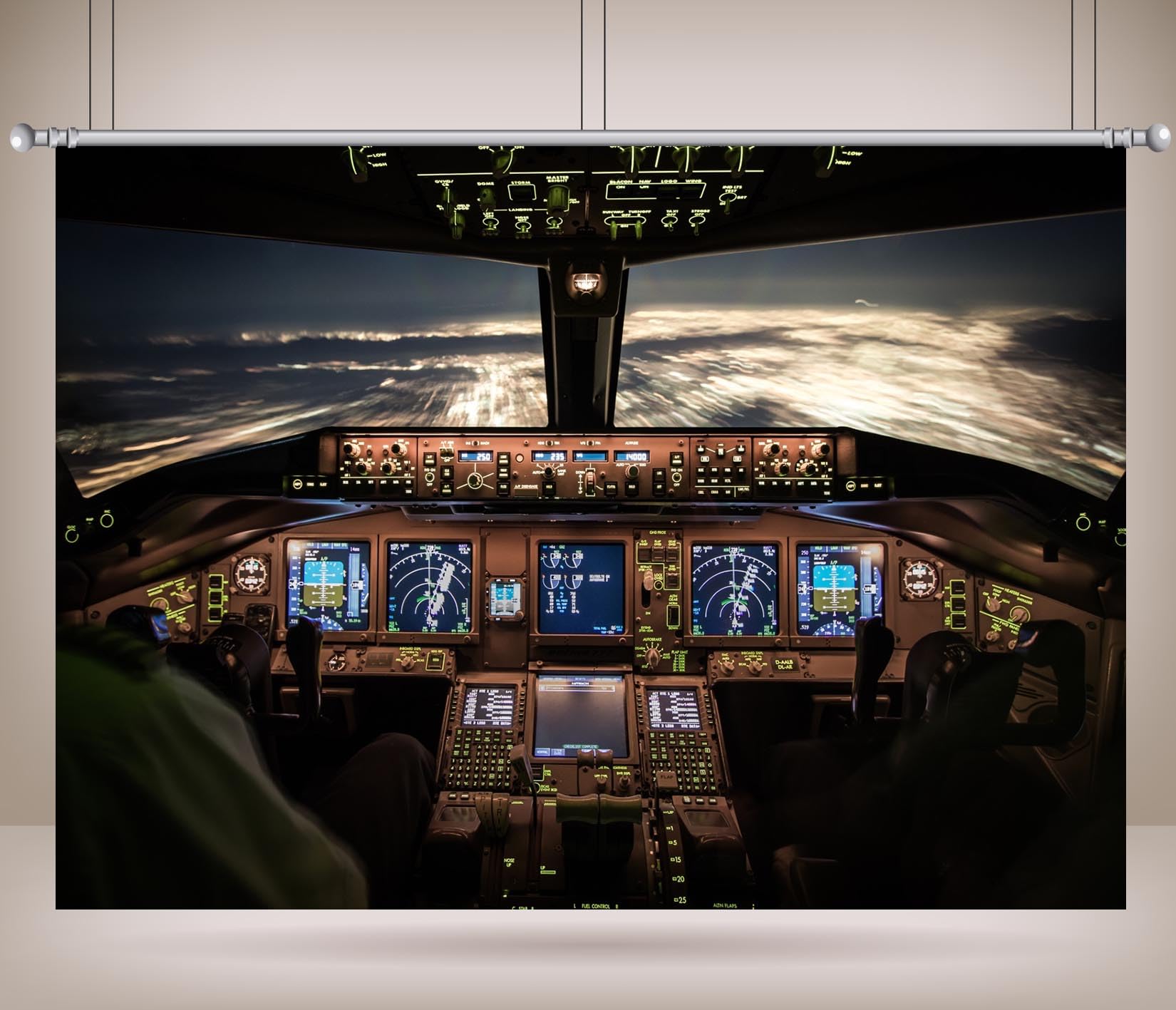 BELECO 5.2x3m Fabric Cabina Aereo Notturna Sfondo Fotografico | Scenario Realistico Della Cabina Di Pilotaggio Con Comandi Illuminati E Cielo Notturno Per Feste E Ritratti