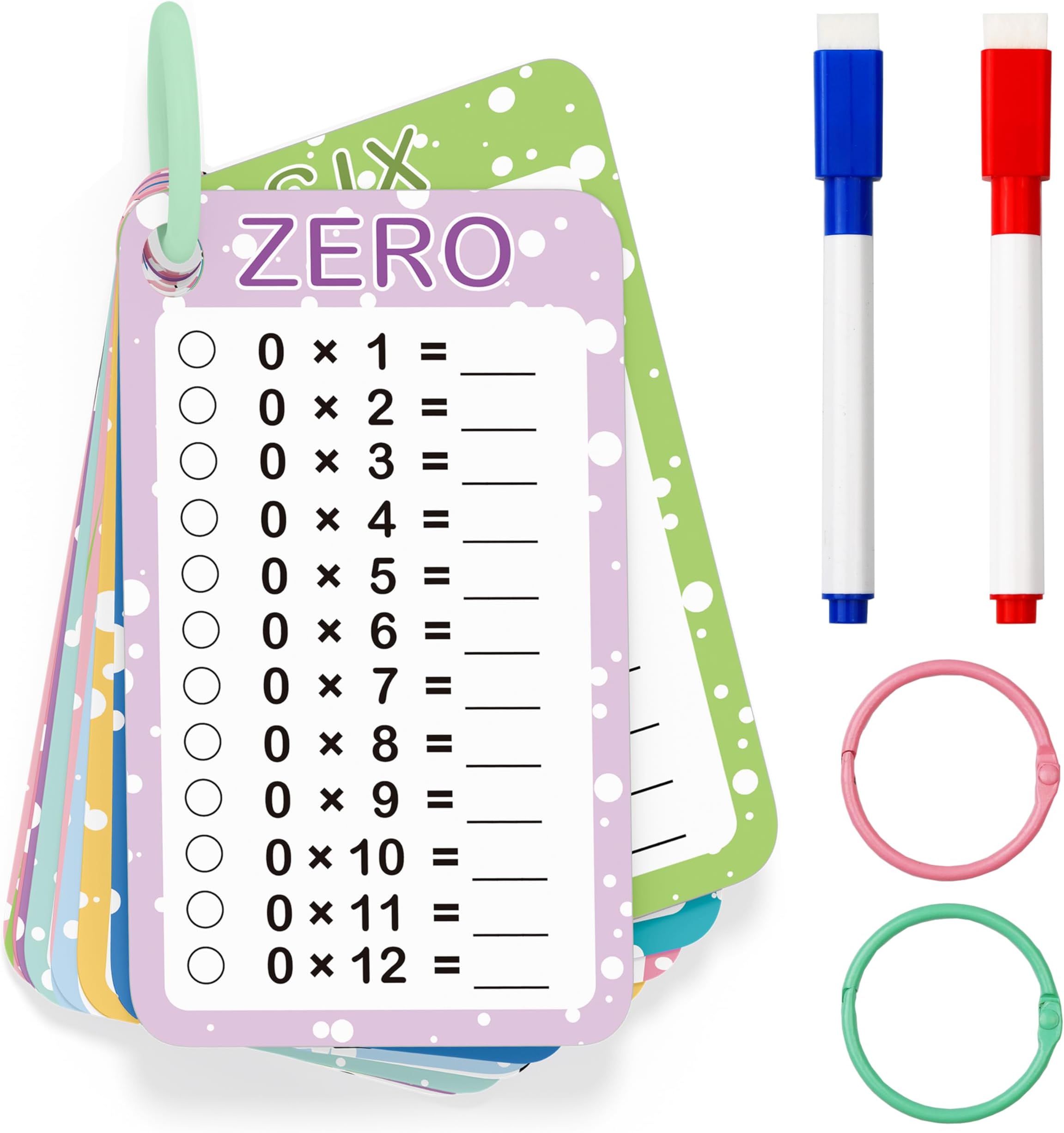 Slapaflife Multiplication Flash Cards 0-12, Times Table Flashcards,13 Pcs Flash Cards with 2 Dry Erase Markers 2 Rings, 1st to 3rd Grades Multiplication Game