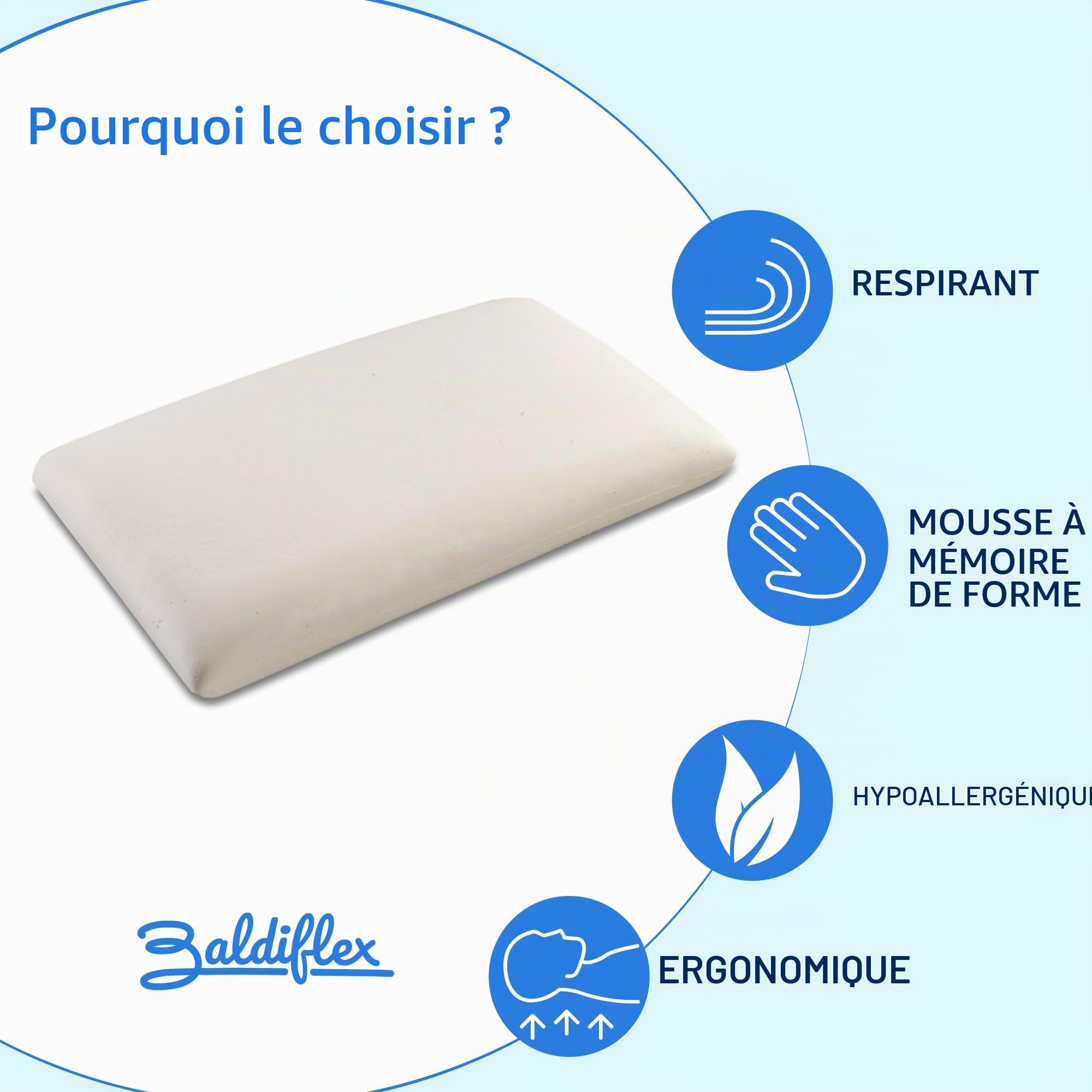 Baldiflex Lot de 2 Oreillers à Mémoire de Forme, Housse en Aloe Vera, Paire de Coussins Anti-Transpiration, Anti-Acarien et Hypo-Allergénique