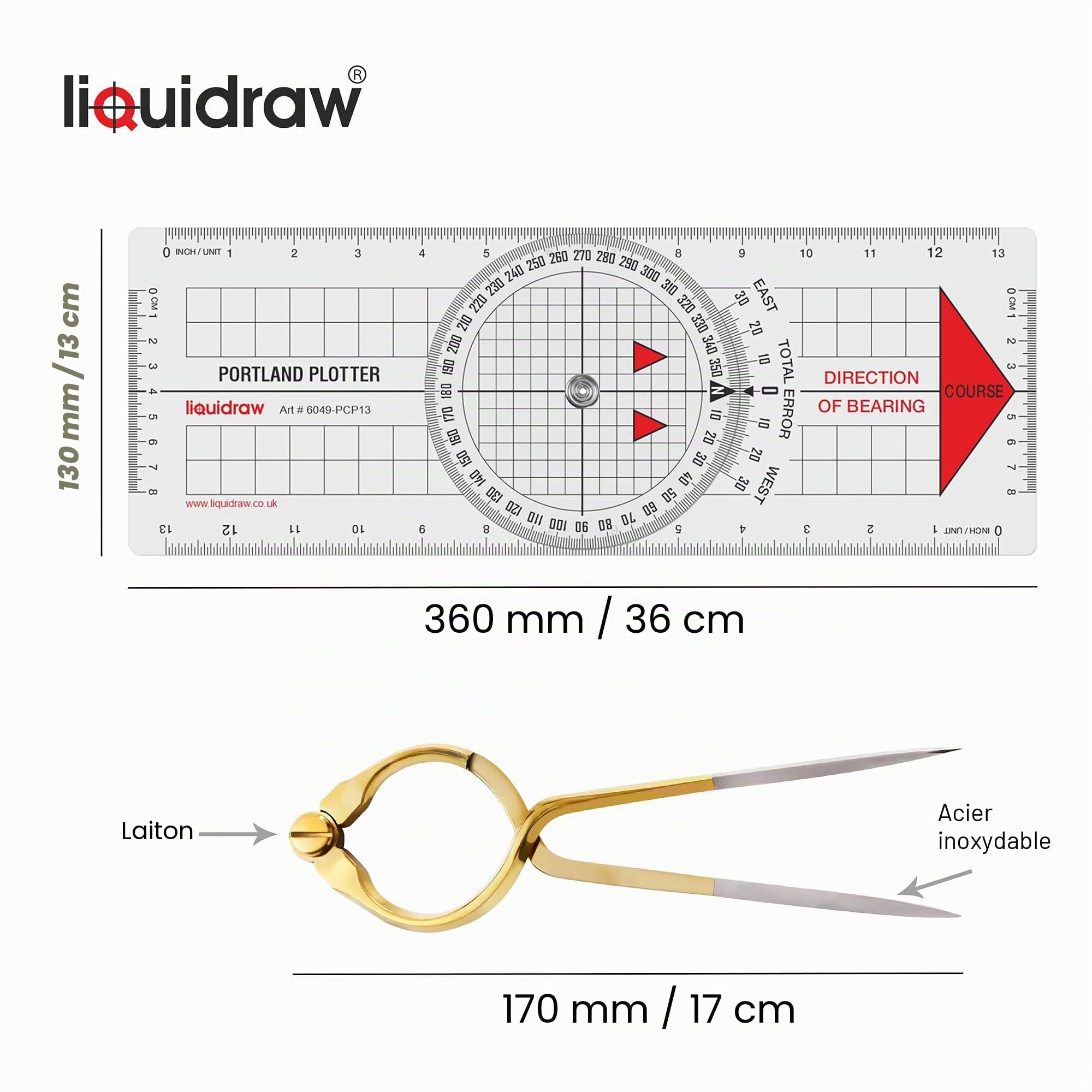 Liquidraw Portland Kit de séparation de navigation pour traceur de parcours marin, rapporteur nautique à une main, séparateur droit en laiton massif, 20,3 cm