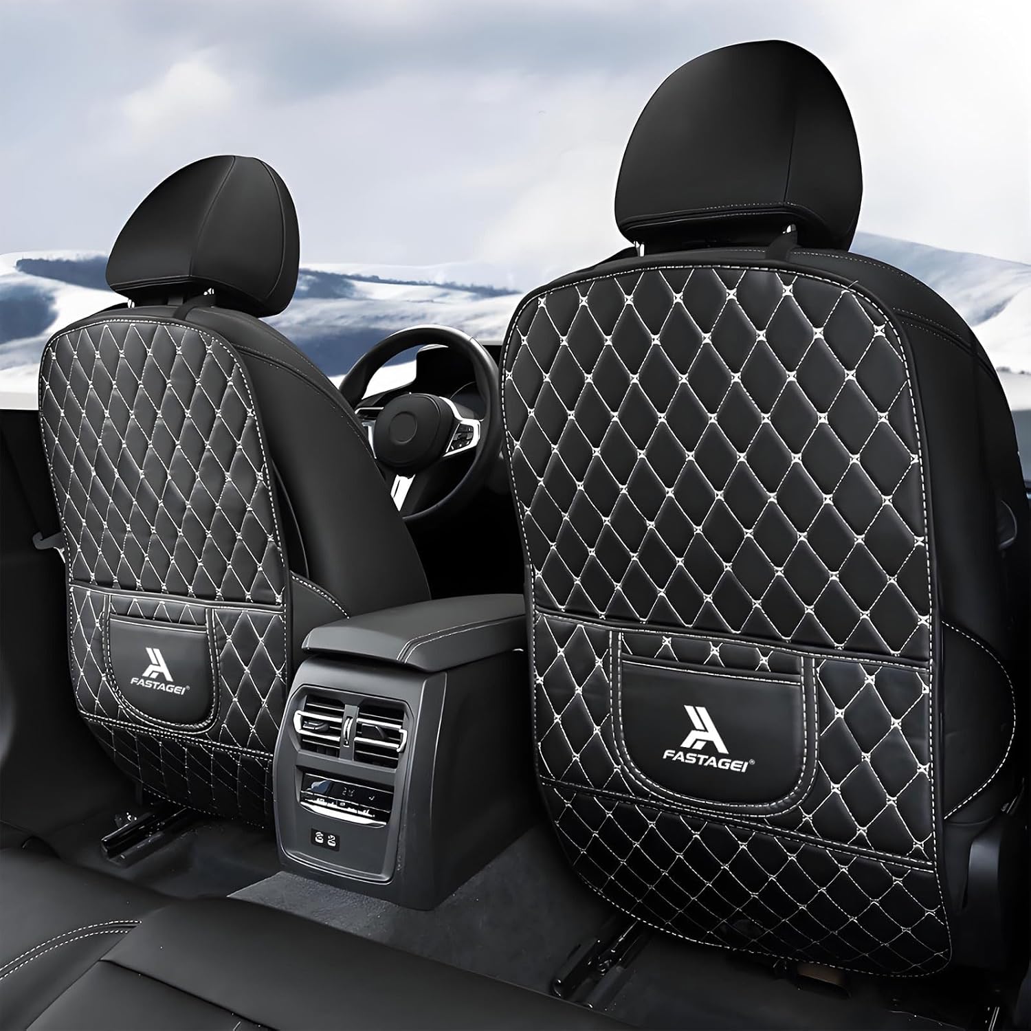2 Pack Universal Car Kick Mats Back Seat Protector with Storage Pockets, Premium Leather Car Seat Back Cover Protector Waterproof Scratch-Resistant Easy Clean