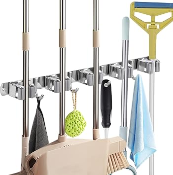 Mop and Broom Holder Wall Mount, Broom Hanger Wall Mount, 17" Mop Holder Stainless Steel with 5 Rack 4 Hooks for Home, Kitchen, Laundry Room, Garage, Garden, Bathroom, and 1 hook Separated included